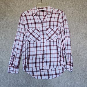 Express Women's Red White Plaid Button Up Rayon Shirt Sz XS